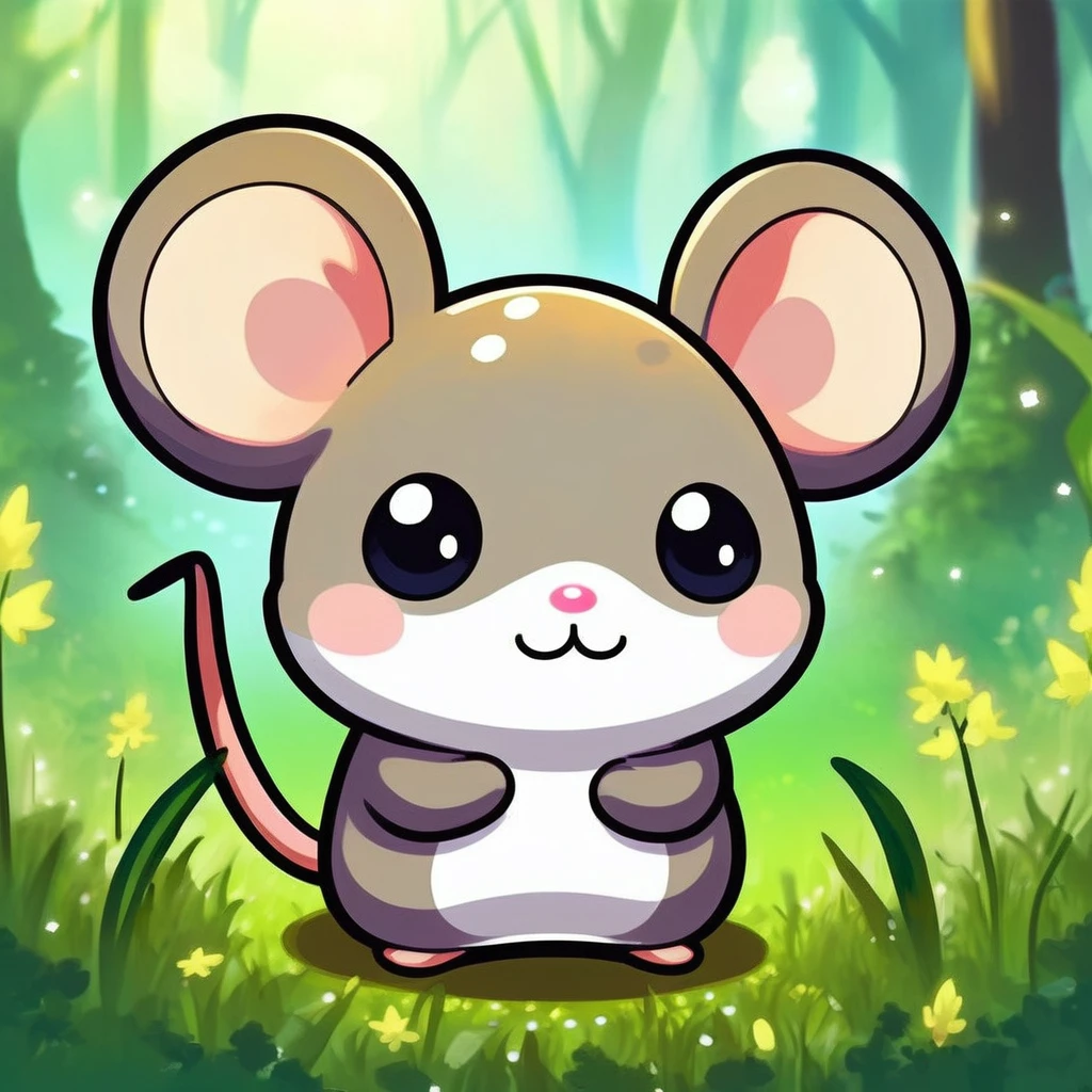 A little mouse standing in the grass, , Cute digital art, , MapleStory Mouse, Cute mouse Pokémon, Cute forest creatures, Fantasy painting，Lovely, Magic concept art, Epic Concept Art. Bokeh, Anthropomorphic mouse