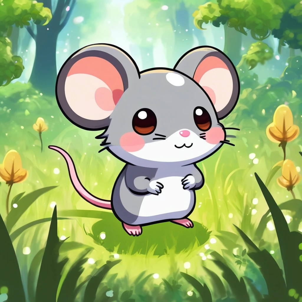 A little mouse standing in the grass, , Cute digital art, , MapleStory Mouse, Cute mouse Pokémon, Cute forest creatures, Fantasy painting，Lovely, Magic concept art, Epic Concept Art. Bokeh, Anthropomorphic mouse