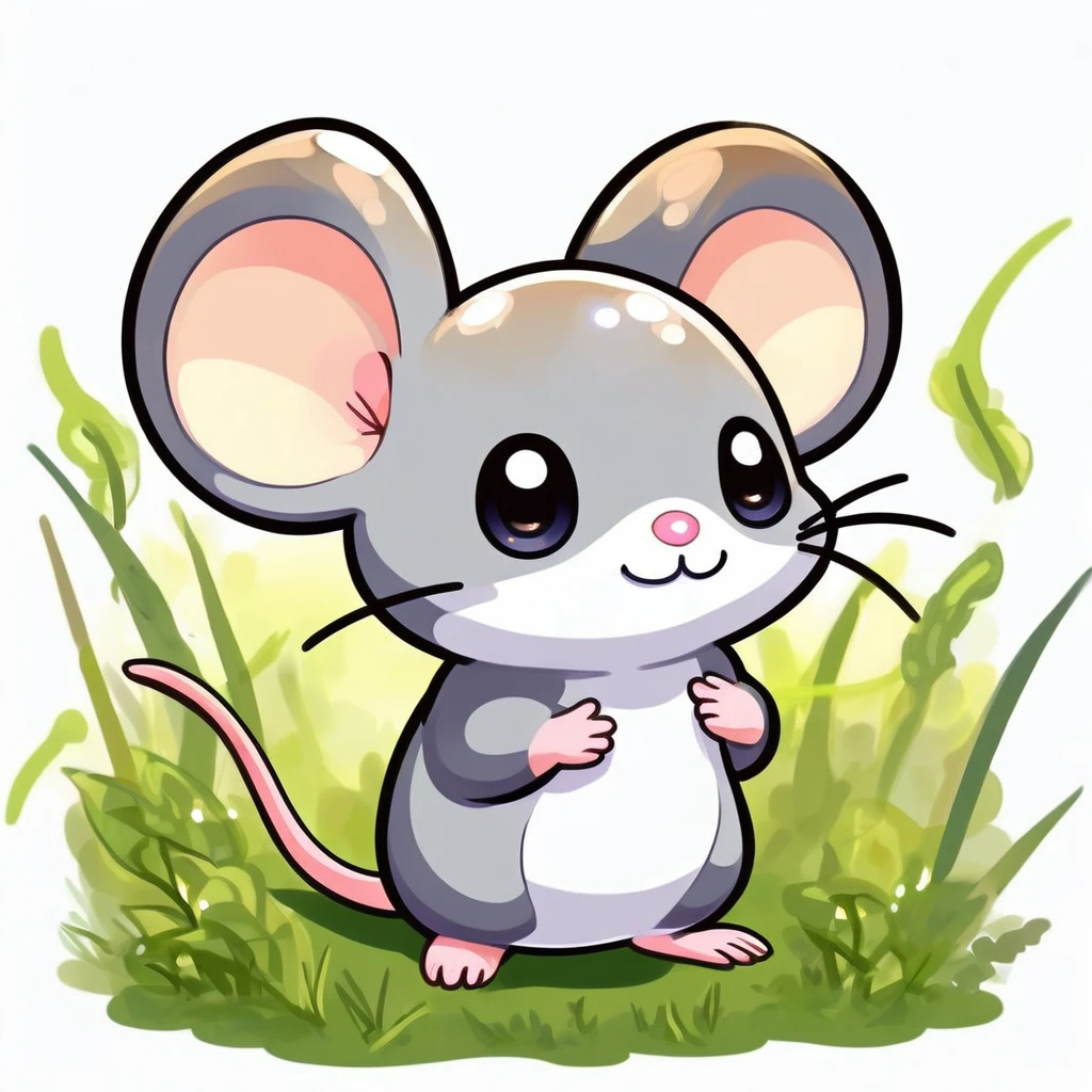 A little mouse standing in the grass, , Cute digital art, , MapleStory Mouse, Cute mouse Pokémon, Cute forest creatures, Fantasy painting，Lovely, Magic concept art, Epic Concept Art. Bokeh, Anthropomorphic mouse