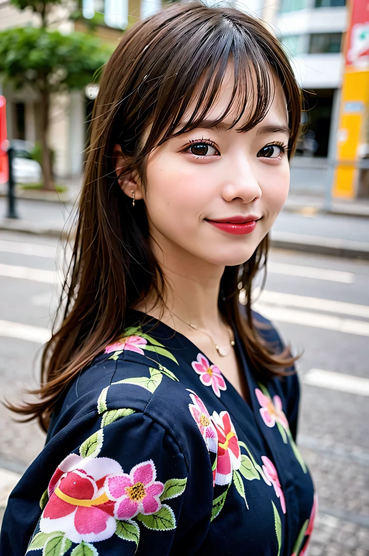 (8k, Raw photo, highest quality、masterpiece:1.2), (Realistic、Photorealistic:1.37), Ultra-detailed, A high resolution, 1 girl, Seeing the viewer, beautifully detailed face、Laughter、narrow, (Slim waist) :1.3)、Beautifully detailed skin、Skin Texture、Floating Hair、Professional Lighting、Human whole body、Long Hair、 Floral Yukata, On the street,