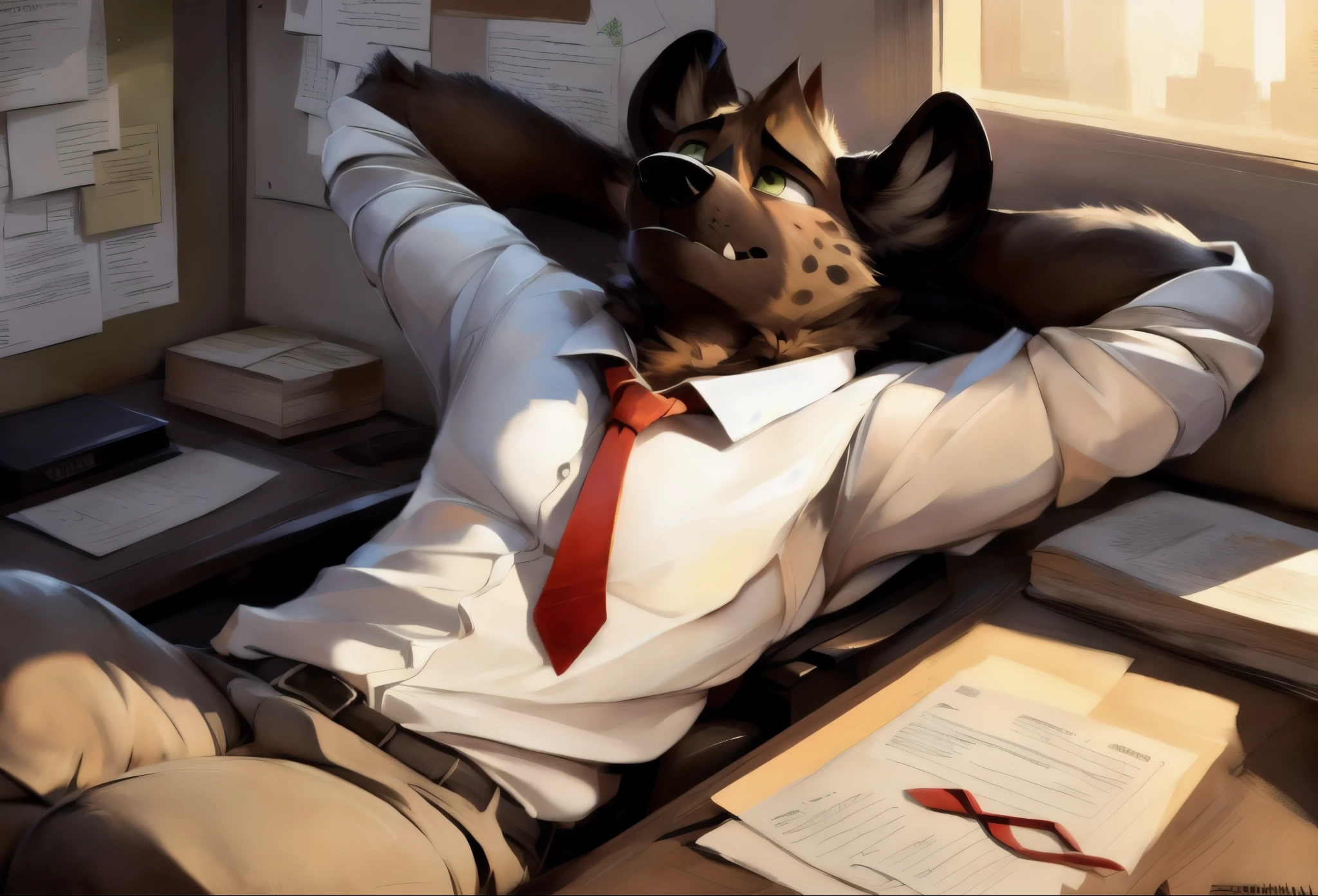 haida, hyena, snuggle, male, spotted hyena, hyena boy, Yellow-green eyes, Fangs, spot, 身体有spot, White dog tail, White Hand, White Hand指, Cheek Tufts, Short neck tuft, fur, tilt, (Wear office attire/ White shirt and red tie), author Bayard Wu, author：Thomas Benjamin Kennington , (author：Einshelm), Solitary, (Sketch lines, Color drawing), Volumetric Lighting, Dynamic Light, whole body, Intricate details, H, 8K, Best quality, Best resolution, masterpiece, Beautiful composition, H, eyestrain, Sleepy face, exhausted, angry, depressed, Office Environment, table, Documents and Archives, Lie down, Put your hands behind your head, wall clock, city View, Morning Light, Longing eyes, beer cans,a worker mocking the boss", "sarcastic employee with boss