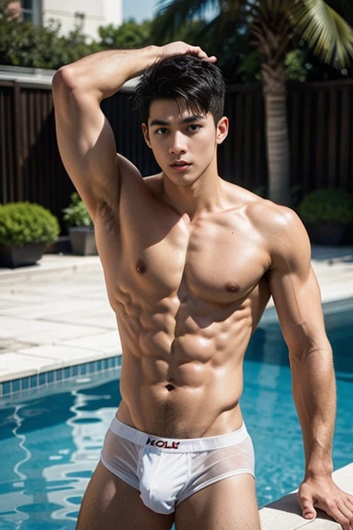 arafed two boys in a wet and transparent micro white hip boxer micro brief, Full Body Shoot, Quiff haircut, look at camera, detailed facial parts, Manly, Bad Boy, Pool background, Sexy Pose, lifted arms, manaice, perfect anatomy, symmetric body, two asian boys 19 years old, shirtless :: high detail, asian, sexual, a little six packs attractive body, realistic, Short Hairstyle, handsome chad chin, shirtless, handsome, attractive, sexy boys, Pubic hair, masculine, sexually attractive (eyes contact), Gay, Handsome, Attractive, big bulge in hip brief