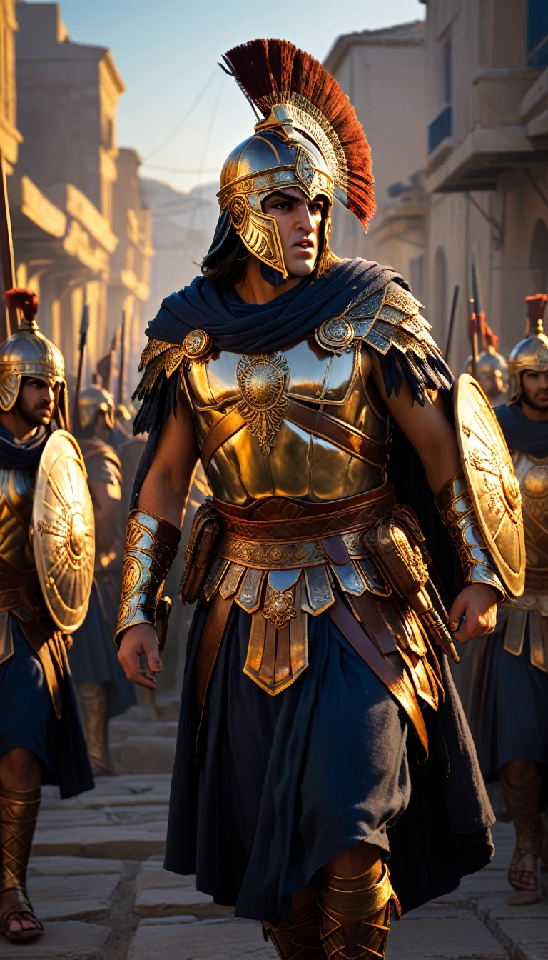 As the sun began to set, The warm golden hues of the sun illuminated his ornate attire, casting a warm glow across the area, An intense moment capturing the pivotal turning point of the battle, with the Greeks rallying against the Persian onslaught, background dark, hyper realistic, ultra detailed hyper realistic, photorealistic, Studio Lighting, reflections, dynamic pose, Cinematic, Color Grading, Photography, Shot on 50mm lens, Ultra-Wide Angle, Depth of Field, hyper-detailed, beautifully color, 8k