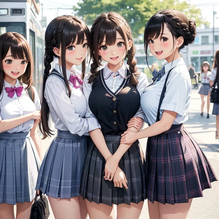 (highest quality:1.4)、Ultra-high resolution、Detailed Background、masterpiece、Photorealistic、Anatomically correct、Detailed face、(Beautiful face in every detail:1.3)、cute10代の美少女、brown hair or cute hair color、Braided Bob、Braided Ponytail、Braided Hairstyles、(Huge breasts:1.3)、Realistic、Perfect body line、charm、
cute色のセーラー服、School cardigan with cute pastel colors、Checkered pleated mini skirt、White knee-high socks、Absolute area、Accentuate your breasts、Accentuate your cleavage、Cowboy Shot、
(Three female friends looking at each other with happy expressions:1.5)、
On the way to school、Wait for the train at the station platform、Big smile、sexual expression、A playful atmosphere、It's a very fun atmosphere.、cute仕草、cute色のヘアアクセサリー、cute