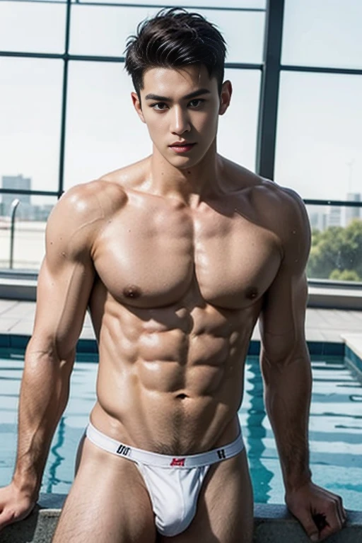 arafed two boys in a wet and transparent micro white hip boxer micro brief, Full Body Shoot, Quiff haircut, look at camera, detailed facial parts, Manly, Bad Boy, Pool background, Sexy Pose, lifted arms, manaice, perfect anatomy, symmetric body, two asian boys 19 years old, shirtless :: high detail, asian, sexual, a little six packs attractive body, realistic, Short Hairstyle, handsome chad chin, shirtless, handsome, attractive, sexy boys, Pubic hair, masculine, sexually attractive (eyes contact), Gay, Handsome, Attractive, big bulge in hip brief