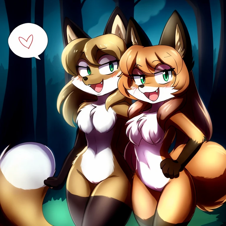 uploaded the e621, beautiful and detailed, woman (((female))) ((anthro)) Fox, (Averi, Fox girl), Fox, (anthro, fluffy fur), anthro fox girl, body fur, curvy, sexy, nice, cute, hot, comfortable anime-style cartoon-style, digital drawing, SFW, flat chest, chest fluff, nervous smiling, green eyes, sassy, sassy hips, friendly smile, happy cute smile, closed mouth, fangs, forest, wet fur, 2 girls, speech bubble, hearts, heart, night