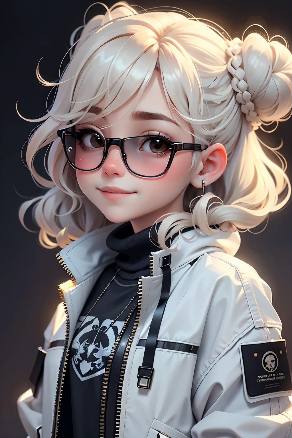 Girl, a baby face, beautiful lovely, Delicate and delicate smile, bun hairstyle, Light-colored hair,Modern accessories,Wear sunglasses,Wear a dark jacket, holograph, deep dark background