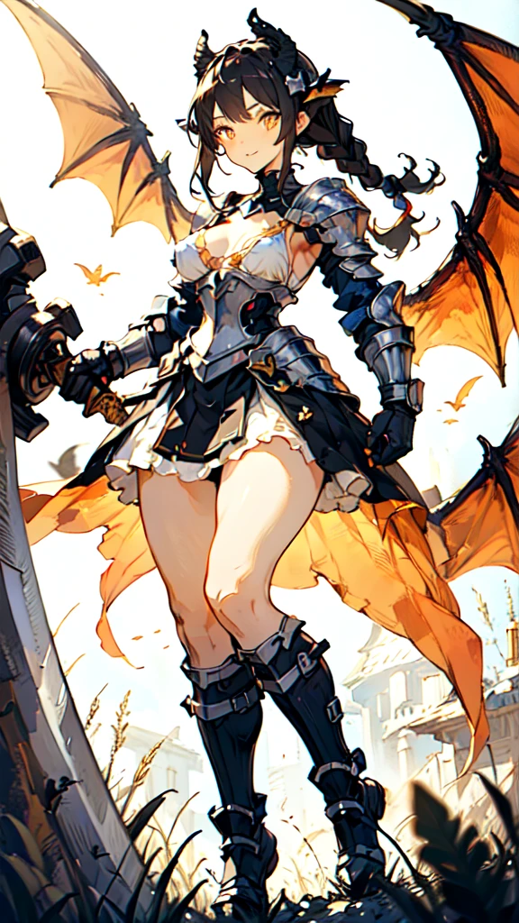 1females\(cute,kawaii,small kid,breast,hair color cosmic,braid hair,messy hair,eye color cosmic,big eyes,magical girl costume,smirk,colorful,dynamic pose,wings on back,breast,kawaii dragon knight,2dragon wings from waist,dynamic pose,(fighting stance),(holding large sword:1.3),(muscular:1.1),mad face/),background/(in the sky,shiny,palace,war fire\), BREAK ,quality\(8k,wallpaper of extremely detailed CG unit, ​masterpiece,hight resolution,top-quality,top-quality real texture skin,hyper realisitic,increase the resolution,RAW photos,best qualtiy,highly detailed,the wallpaper,cinematic lighting,ray trace,golden ratio\),(dynamic angle:1.4),[nsfw:2.0],(long shot:1.5),(wide shot),(landscape:0.5),dynamic angle,close up sword