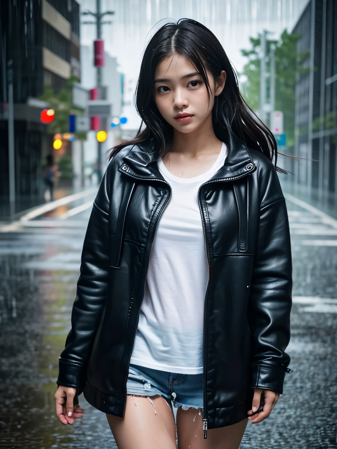 (Best-quality, Masterpiece, Ultra-High-Resolution, (Photorealistic:1.4), Raw Photo, depth of field, professional lighting, perfect anatomy, extremely details), front view, 1girl, 15-years-old, the most famous Japanese idol, standing on street in heavy-rain, extremely beautiful and extremely wet body from heavy-rain, extremely beautiful and extremely wet thighs from heavy-rain, ((detailed heavy-rain):1.7)