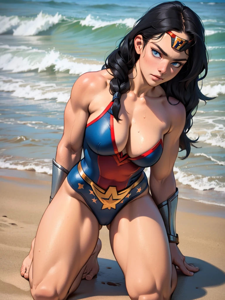 muscular, large breasts, toned body, 1 girl, black hair, pale skin, blue eyes, very long hair kneeling down (at the beach) looking at viewer close up wonderwoman bathing suit