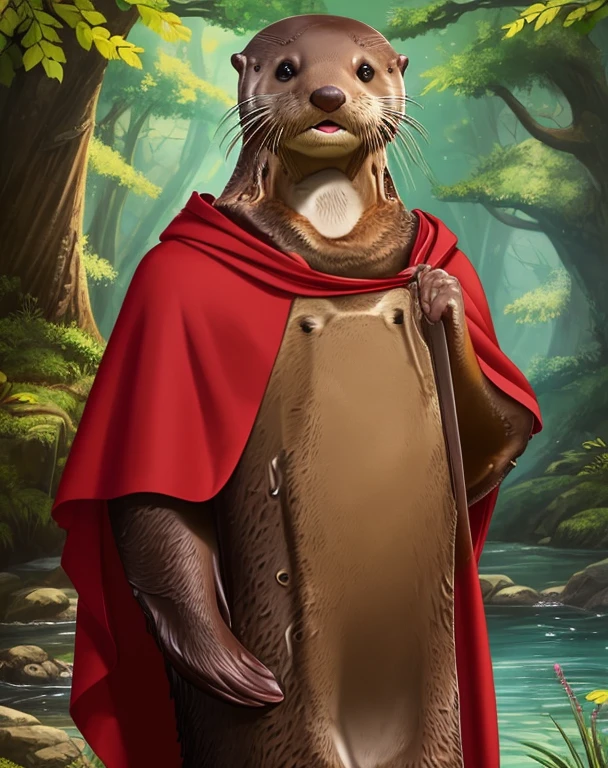 solo male (((otter)), (detailed otter)) wearing a red cloak with a hood, green gem on the collar, bandaged thighs and bandaged chest, muscular toned,  front view, looking at the observer with an embarrassed smile, blush, holding a sling, perspective, finely detailed paws,