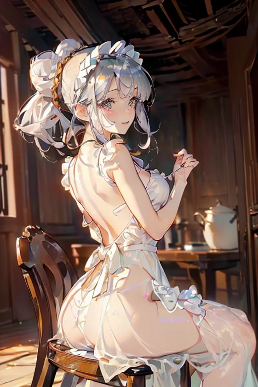 (A masterpiece of image quality in 8K),(Beautiful Allafed Woman),(((emphasizing breasts:1.0))),(Dynamic angles),(Dynamic and sexy bending pose:1.3),(sit a chair:1.3),(Short hair in shiny silver and orange inner colors,large full breasts,Disturbance of clothing due to movement,breast slip,(Ponytail twisted buns adorned with elaborate braids and beads,Braided Setup Fishbone Hair,),(see-through bangs),Huge breasts、(((A white lace apron that shows your bare skin from under your small breasts)))、Blush with embarrassment、Enraptured eyes、A smile that beguiles the viewer、(Look back:1.7)、Look into the photographer,skin glistening with sweat,gazing at viewer,,(Professional Lighting),(8K,masutepiece,top-quality,Ultra-high resolution output image,),(Ultra HD with complex detail image modes),depth of fields,Beautiful hands,Beautiful fingers,Detailed finger features,(Detailed hair features:1.7),detailed facial features,detailed clothes features, (perky chest:1.1), (pointed chest:1.3), looking at viewer,