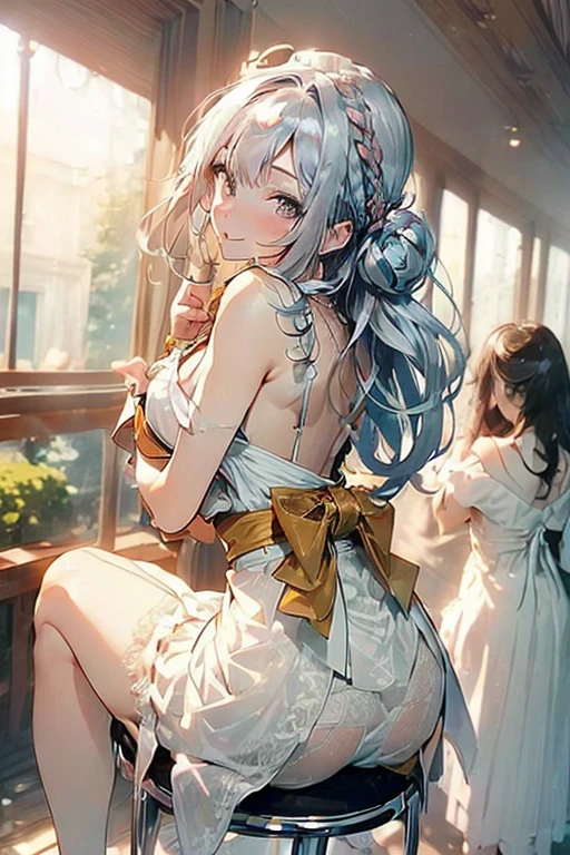 (A masterpiece of image quality in 8K),(Beautiful Allafed Woman),(((emphasizing :1.0))),(Dynamic angles),(Dynamic and sexy beng pose:1.3),(sit a chair:1.3),(Short hair in shiny silver and orange inner colors,large full breasts,Dice of clothing due to movement,breast slip,(Ponywisted buns adorned with elaborate braids and beads,Braided Setup Fishbone Hair,),(see-through bangs),Huge breasts、(((A white lacethat shows your bare skin from under your small breasts)))、Blush with embarrasnraptured eyes、A smile that beguiles the viewer、(Look back:1.7)、Look into the photographer,skin glistening with sweat,gazing at viewer,,(Professional Lighting),(8K,masutepiece,top-quality,Ultra-high resolution output image,),(Ultra HD with complex detail image modes),depth of fields,Beautiful hands,Beautiful fingers,Detailed finger features,(Detailed hair features:1.7),detailed facial features,detailed clothes features, (perky chest:1.1), (pointed chest:1.3), looking at viewer,