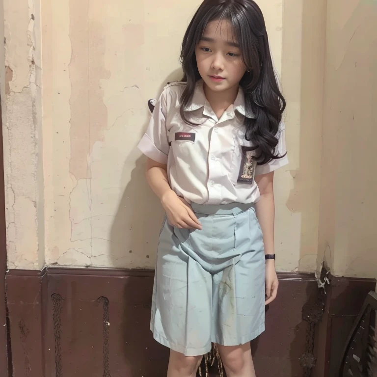 (pp clothes), (realistic), (1 girl), (1 ghost), A girl sees the ghost and peed herself, standing position, (ghost hit the girl), peeing herself on to skirt, peeing:1.3, urination:1.3, pee stain:1.2, pee puddle:1.1, view to viewer
