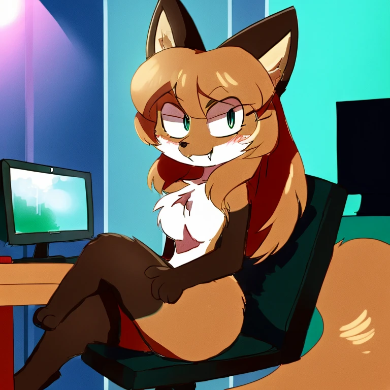 uploaded the e621, beautiful and detailed, woman (((female))) ((anthro)) Fox, (Averi, Fox girl), cinematic lighting, Fox, (anthro, fluffy fur), anthro fox girl, body fur, curvy, sexy, nice, cute, hot, comfortable anime-style cartoon-style, digital drawing, SFW, flat chest, green eyes, nervous smile, sassy, sassy hips, smug, fangs, looking at viewer, indoors, tilted head, leaning sideways, computer, desktop computer, table, gaming chair, chair, sitting, sitting on chair, sitting with legs up