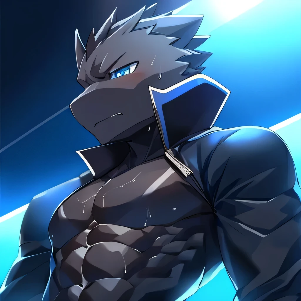 Thin macho western black dragon abs Hollow abs body suit thick arms chest rig 、sweaty skin glow profile Wearily short of breath Chemo shota
have a blue eyes Tired look jacket