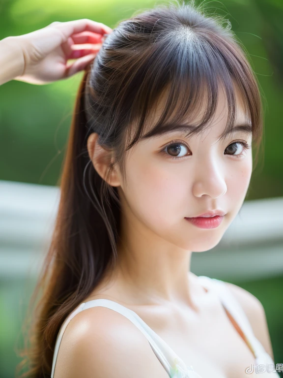 ((cute日本の女の子、Floral swimsuit、Beautiful Japanese Girl、One Girl、Not clear、19 years old、ponytail、Highly detailed face and skin texture、Sophistication、Ultra detailed face、Ultra-detailed eyes、blusher、blush、cheek、ピンクのcheekを塗った頬、frontageを向いている顔、frontageを向いている体、Looking into the camera、frontage、cute、Smooth white skin、Transparent to the touch、))、(Dark brown hair、Bans)、Beautiful woman with perfect style：1.4、Japanese Model、Young Gravure Idol、若いcuteグラビアアイドル、リアルなYoung Gravure Idol、Sophisticationされたグラビアアイドル、((highest quality、In 8K、masterpiece:1.3、１photograph))、(4K、RAW photographgraphy、highest quality)、(Realistic、フォトRealistic:1.37)、Putting people behind the screen、Natural soft light、whole body