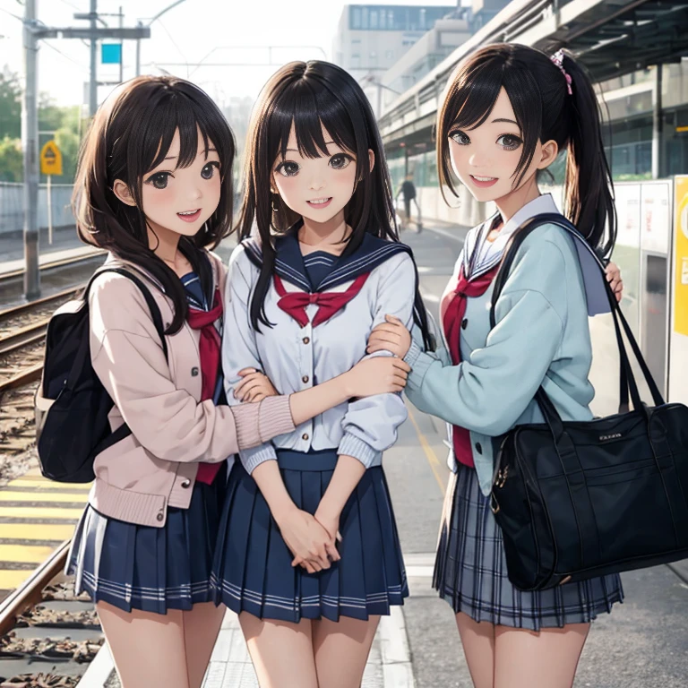 highest quality、High resolution、Detailed Background、Beautiful and elaborate face、Beautiful, smooth skin、Skin Texture、Professional Lighting、Beautiful teenage girl、(Three Women),Cute hairstyles such as ponytails、Cute colored sailor uniform、Cute school cardigan in pastel colors、Checkered pleated mini skirt、Knee-high socks、On the way to school、Wait for the train at the station platform、Laughter、smile、sexual expression、Show your whole body、Playfully hugging、Laughter