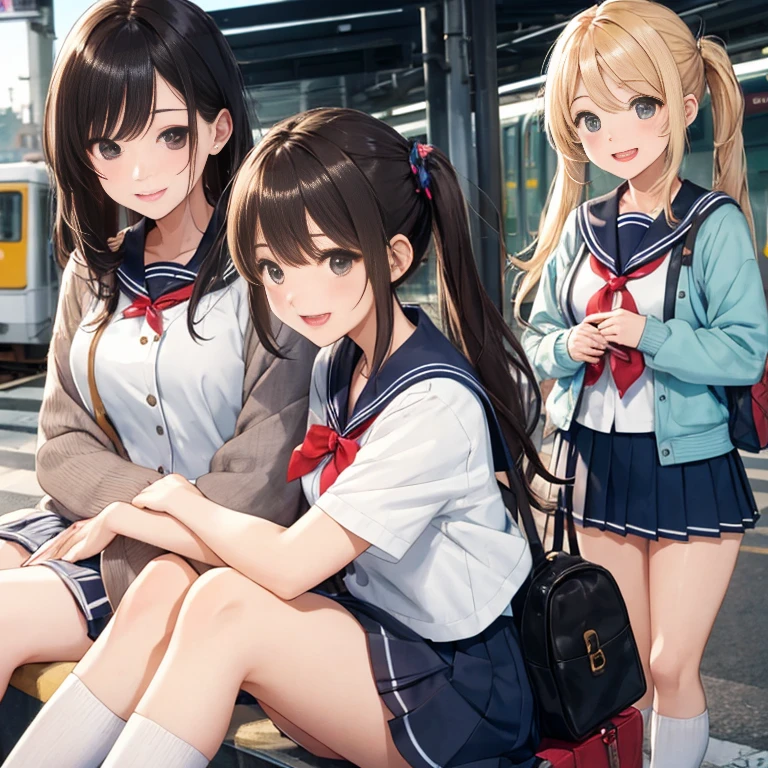 highest quality、High resolution、Detailed Background、Beautiful and elaborate face、Beautiful, smooth skin、Skin Texture、Professional Lighting、Beautiful age girl、(Three Women),Cute hairstyles such as ponytails、Cute colored sailor uniform、Cute school cardigan in pastel colors、Checkered pleated mini skirt、Knee-high socks、On the way to school、Wait for the train at the station platform、Laughter、smile、sexual expression、Show your whole body、Playfully hugging、Laughter
