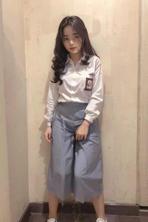 (pp clothes), (realistic), (1 girl), (1 ghost), A girl sees the ghost and peed herself, standing position, (ghost hit the girl), peeing herself on to skirt, peeing:1.3, urination:1.3, pee stain:1.2, pee puddle:1.1, view to viewer