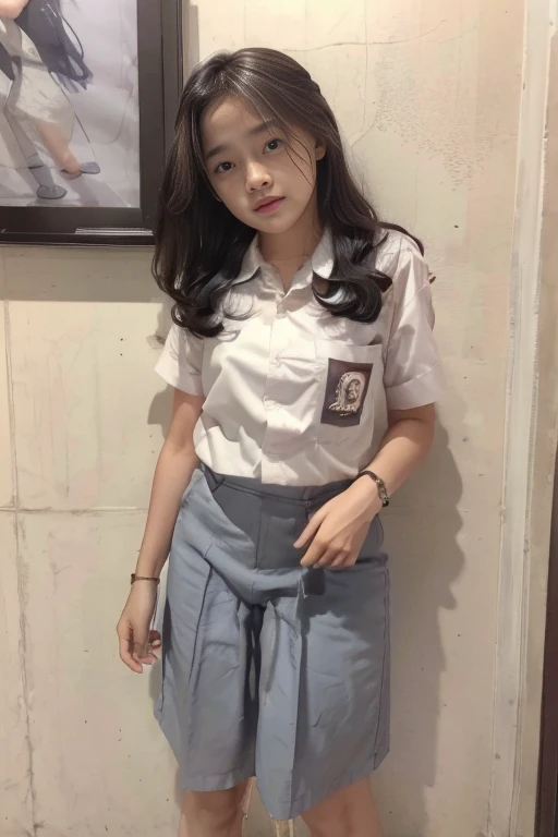 (pp clothes), (realistic), (1 girl), (1 ghost), A girl sees the ghost and peed herself, standing position, (ghost hit the girl), peeing herself on to skirt, peeing:1.3, urination:1.3, pee stain:1.2, pee puddle:1.1, view to viewer