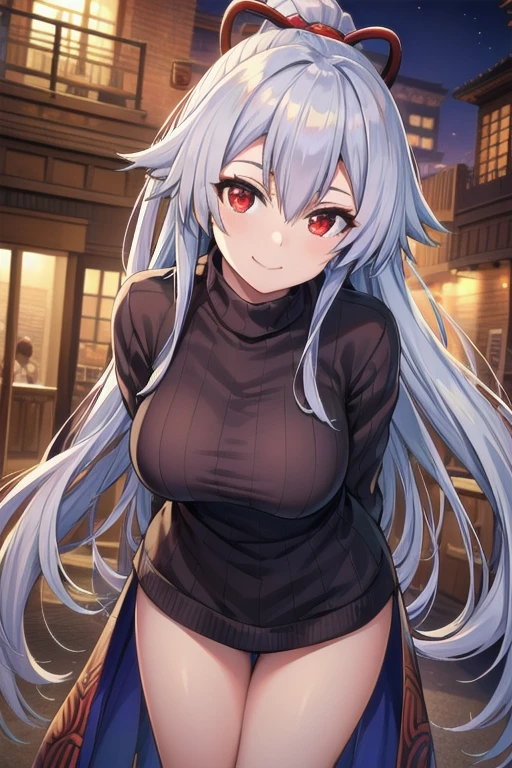 a beautiful masterpiece of a female oni warrior, tomoe gozen, with glowing red eyes, a smug smile, and long silver hair partially covering her face, wearing a sweater and leaning forward with her hands behind her back, ultra-detailed, 8k, photo-realistic, dramatic theatrical lighting, vibrant colors