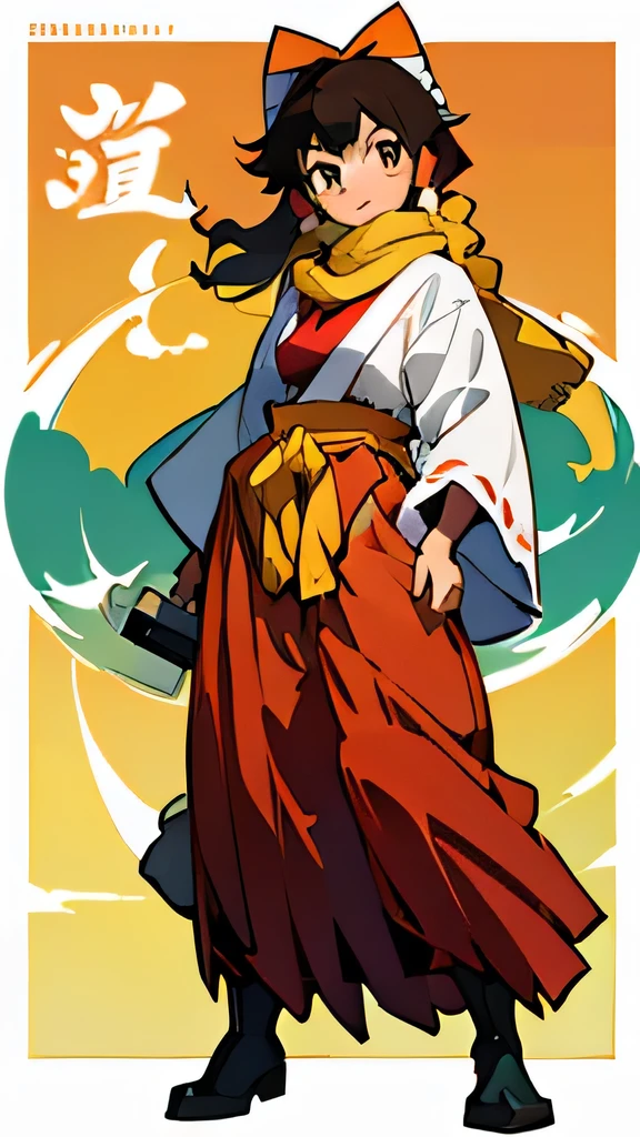 (best quality,ultra-detailed,realistic), full body, sexy, digital illustration, vibrant colors, soft lighting, ((Masterpiece, Highest quality)), ((Tsurime)),Detailed face, character sheets, full bodyesbian, 1girls,shoun,Full of details, Multiple poses and expressions, Reimu Hakurei, traditional hakama, 14 years old, medium chest, short brown hair､ yellow scarf around neck, red and white miko outfit, long black boots, manga cover style,