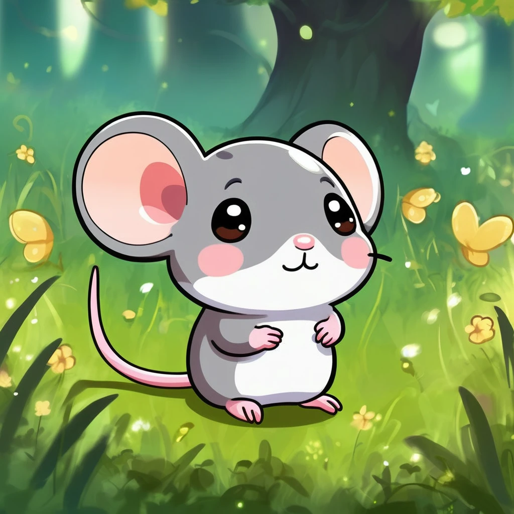 A little mouse standing in the grass, , Cute digital art, , MapleStory Mouse, Cute mouse Pokémon, Cute forest creatures, Fantasy painting，Lovely, Magic concept art, Epic Concept Art. Bokeh, Anthropomorphic mouse