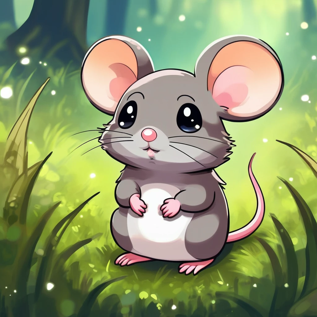 A little mouse standing in the grass, , Cute digital art, , MapleStory Mouse, Cute mouse Pokémon, Cute forest creatures, Fantasy painting，Lovely, Magic concept art, Epic Concept Art. Bokeh, Anthropomorphic mouse