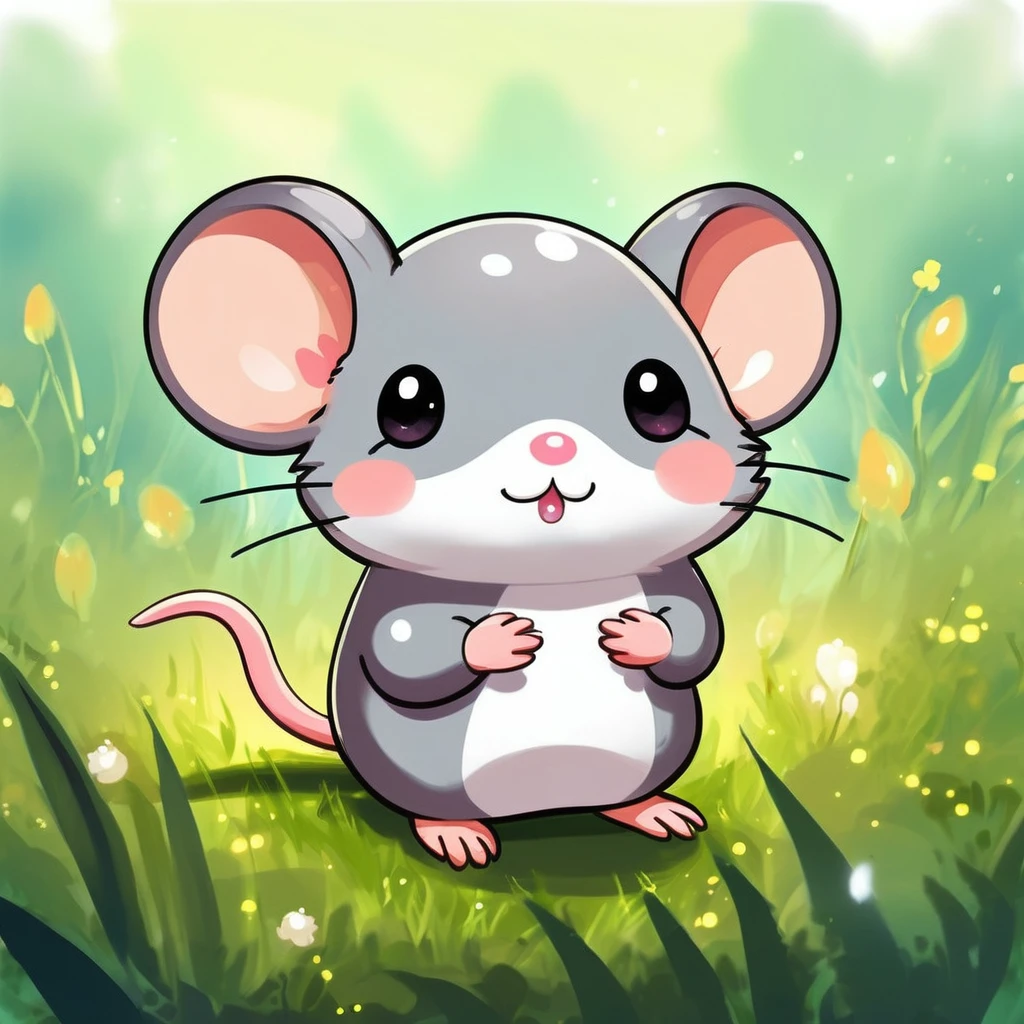 A little mouse standing in the grass, , Cute digital art, , MapleStory Mouse, Cute mouse Pokémon, Cute forest creatures, Fantasy painting，Lovely, Magic concept art, Epic Concept Art. Bokeh, Anthropomorphic mouse