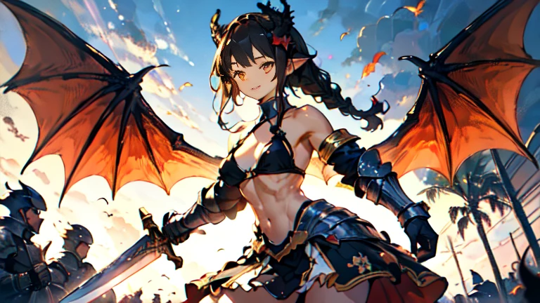 1females\(cute,kawaii,small kid,breast,hair color cosmic,braid hair,messy hair,eye color cosmic,big eyes,magical girl costume,smirk,colorful,dynamic pose,wings on back,breast,kawaii dragon knight,2dragon wings from waist,dynamic pose,(fighting stance),(holding large sword:1.3),(muscular:1.1),mad face,abs,leg muscles,arm muscles/),background/(in the sky,shiny,palace,war fire\), BREAK ,quality\(8k,wallpaper of extremely detailed CG unit, ​masterpiece,hight resolution,top-quality,top-quality real texture skin,hyper realisitic,increase the resolution,RAW photos,best qualtiy,highly detailed,the wallpaper,cinematic lighting,ray trace,golden ratio\),(dynamic angle:1.4),[nsfw:2.0],(long shot:1.5),(wide shot),(landscape:0.5),dynamic angle,close up sword