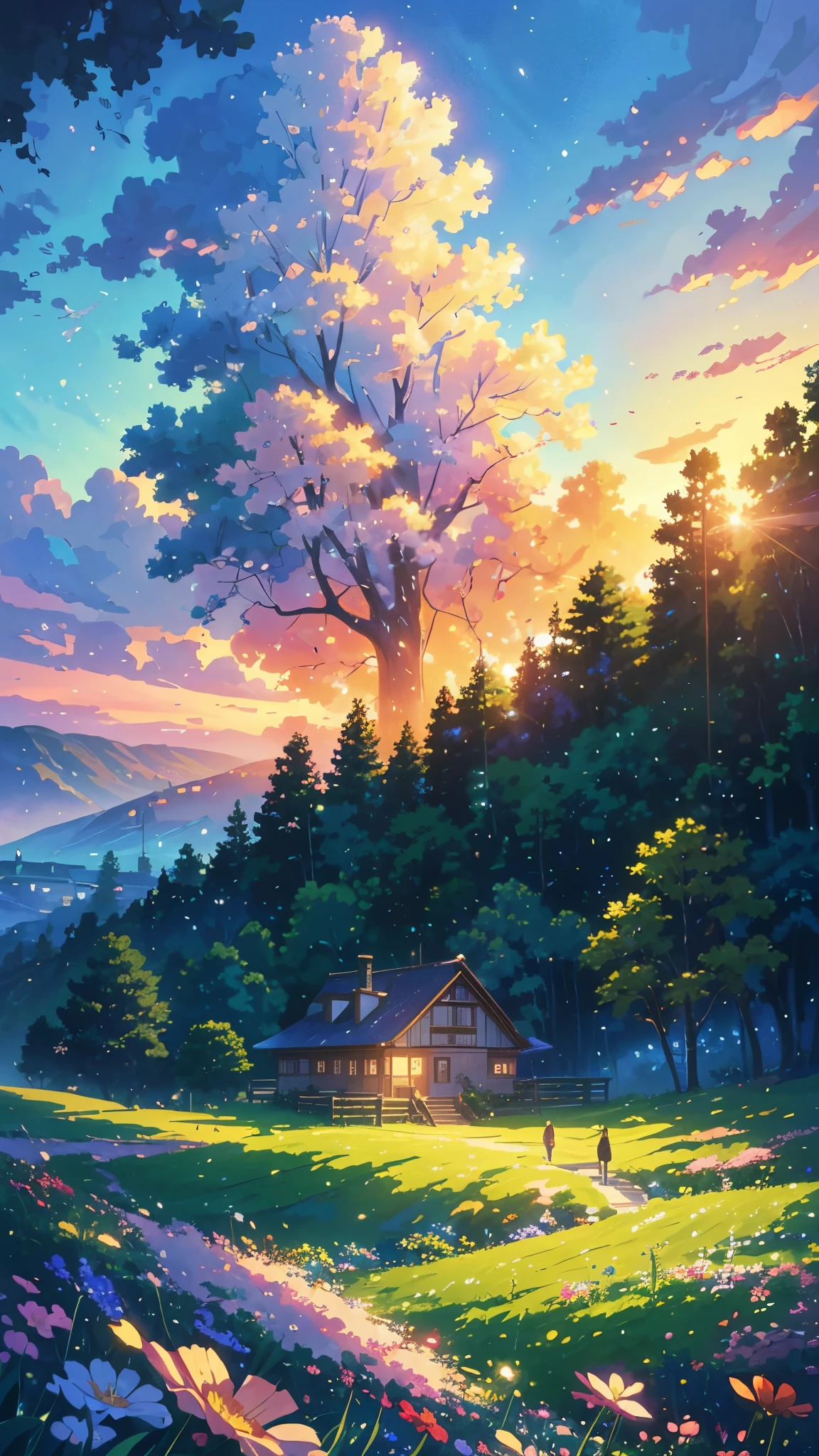 a painting of a house in a field of flowers, anime beautiful peace scene, background of flowery hill, anime nature wallpap, studio ghibli environment, anime. by makoto shinkai, anime nature, by makoto shinkai, by Makoto Shinkai, anime scenery, anime landscape, beautiful anime scene, colorful anime movie background, anime background art, 4k hd,, beautiful art uhd 4 k, a beautiful artwork illustration, beautiful digital painting, highly detailed digital painting, beautiful digital artwork, detailed painting 4 k, very detailed digital painting, rich picturesque colors, gorgeous digital painting