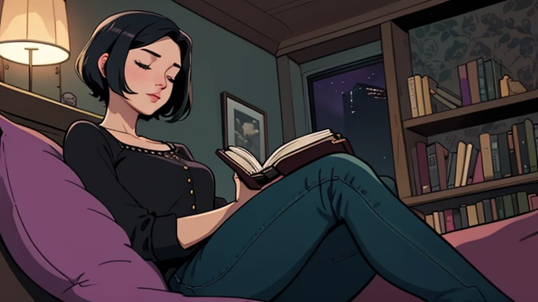 Beautiful woman in her 30s with short black hair is sitting on the sofa. Looking down, eyes closed, LOFI girl, alone in the room, blouse, cozy wallpaper, big cushion, bookshelf, relaxing mood, night core, cozy, wide glass window with skyscrapers, outside view at night, only five fingers, purple wall, Holding a book in hand,
