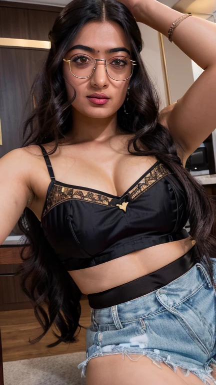 Rashmika Mandanna,((banded pony hair style)),(selfie style), ((tall)),(( looking at viewer)),((big cheeks)),30 year old woman,1woman,solo,breasts,(fleshy face),long hair,cleavage,black hair,navel,midriff,lingerie, bedroom , ((nerd glass)),
best quality,masterpiece,illustration,an extremely delicate and beautiful,CG,unity,8k wallpaper,Amazing,finely detail,masterpiece,official art,extremely detailed CG unity 8k wallpaper,incredibly absurdres,huge filesize,ultra-detailed,highres,extremely detailed,beautiful detailed girl,realistic,broad fleshy body, ((perfect eyes nd eyebrow))
