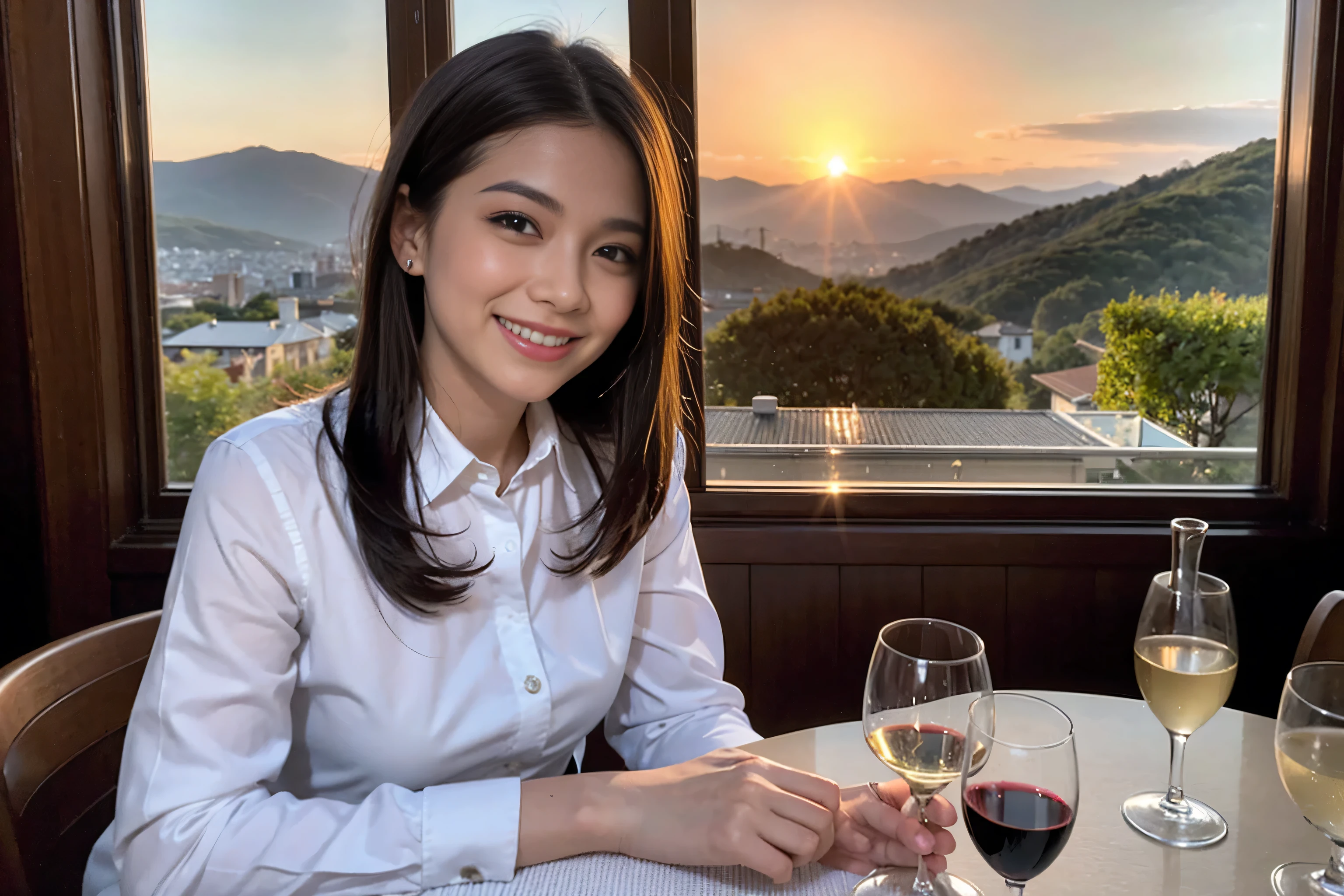 ((highest quality、8k、masterpiece:1.3))、1 male 1 female、lover、Beautiful couple、smile、full-course dinner、 (Slim face), (the body is スリム), (Brown Hair), (Shortcuts), ((Bob Hale、Straight hair:1.2)), Wine glass on the table、Please shine a light on my face、 Amazing view of the sunset sky and clouds、Amazing mountain views、The beauty of a smile、Bright image、Blushing, Shortcuts,Bright Face、 (42 years old), 39 years old, red wine 、Appetizers、Italian food、Wine bottle、Champagne、sparkling wine、Long sleeve shirt、dress、Attractive beauty、restaurant, Nova Frog Style, actress, model, Upper Body, White wine, red wine, wine glass, 