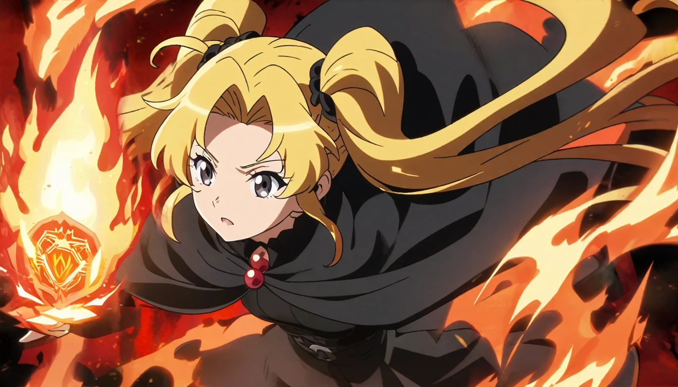 Girl,adult age,anime girl,dark yellow hair,long twintail hair,Luchia Hair style,black eye,black cloak,black outfit,red Pearl,Magma background with fire,magic spell effect,anime style,HD