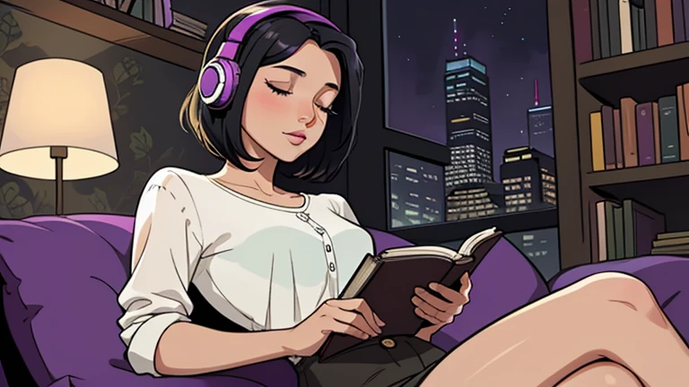 Beautiful woman in her 30s with short black hair is sitting with headphones on the sofa. Looking down, eyes closed, LOFI girl, alone in the room, blouse, cozy wallpaper, big cushion, bookshelf, relaxing mood, night core, cozy, wide glass window with skyscrapers, outside view at night, only five fingers, purple wall, Holding a book in hand,