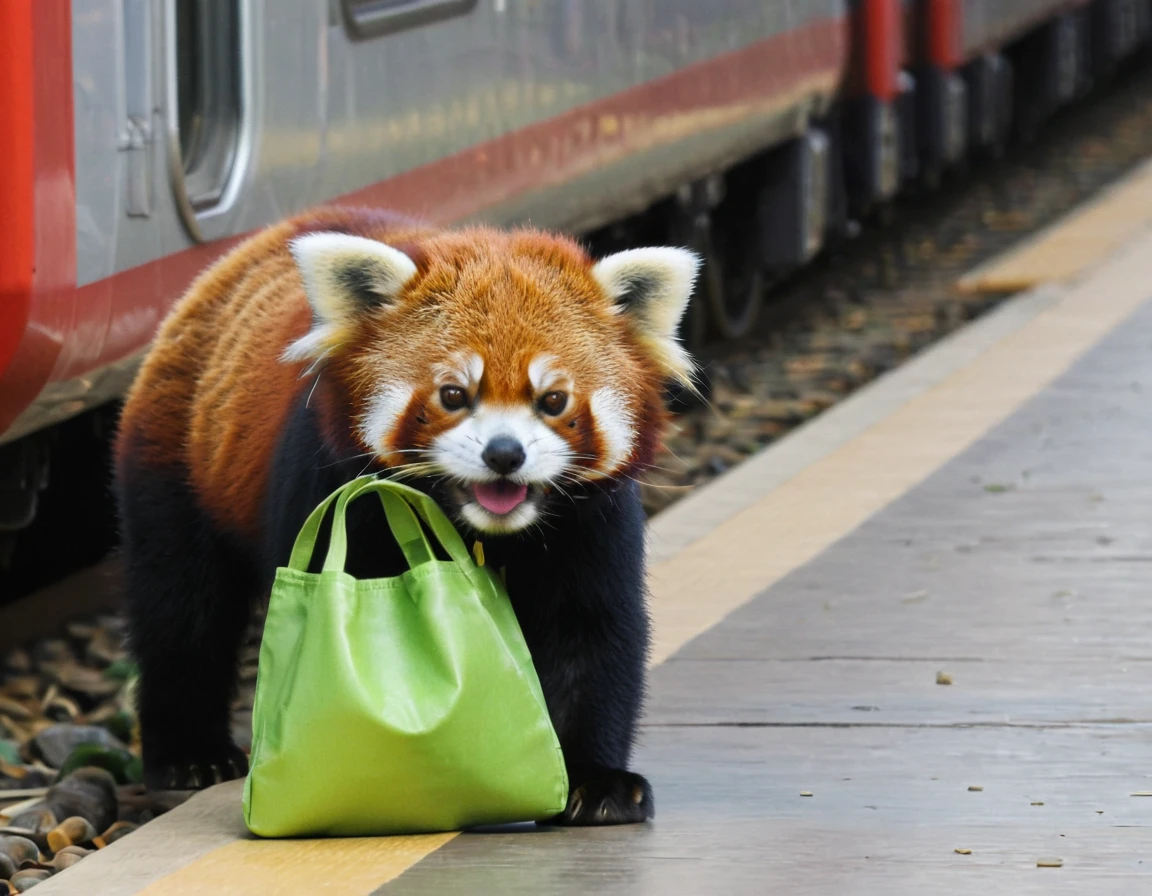 a cute red panda,baby face,carry green bag,stand by a cute china highspeed train