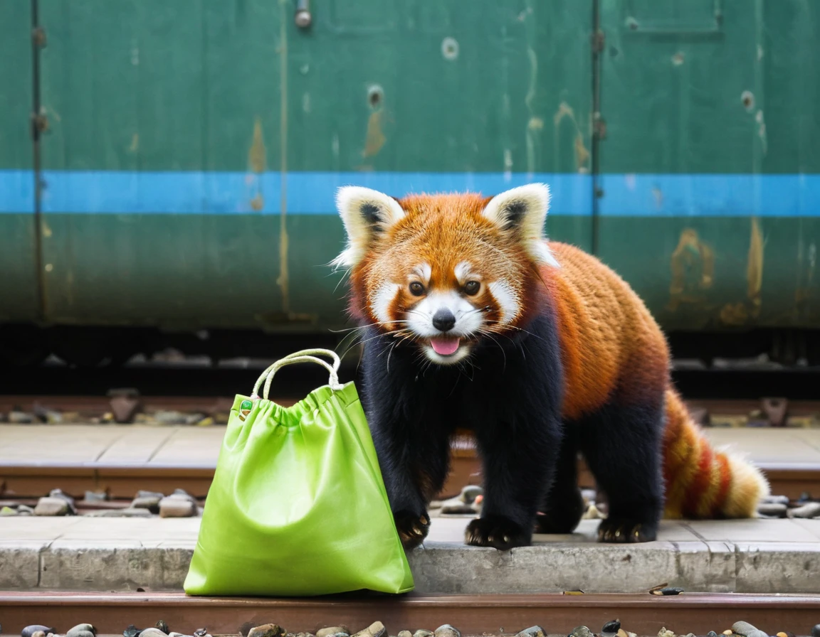 a cute red panda,baby face,carry green bag,stand by a cute china highspeed train