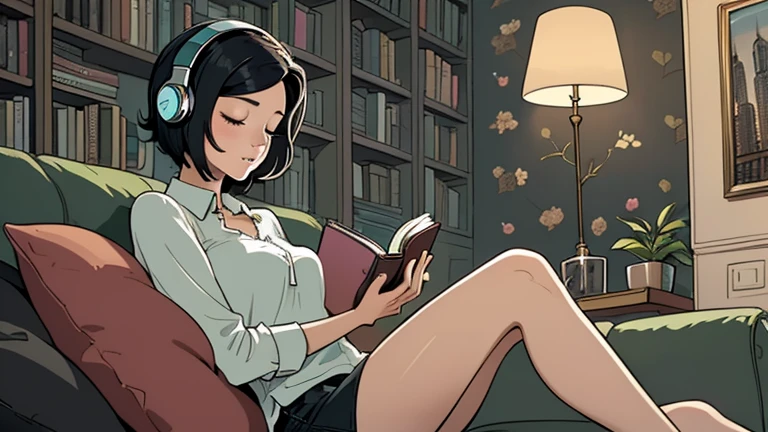 Beautiful woman in her 30s with short black hair is sitting with headphones on the sofa. Looking down, eyes closed, LOFI girl, alone in the room, blouse, cozy wallpaper, big cushion, bookshelf, relaxing mood, night core, cozy, wide glass window with skyscrapers, outside view at night, only five fingers, Holding a book in hand,