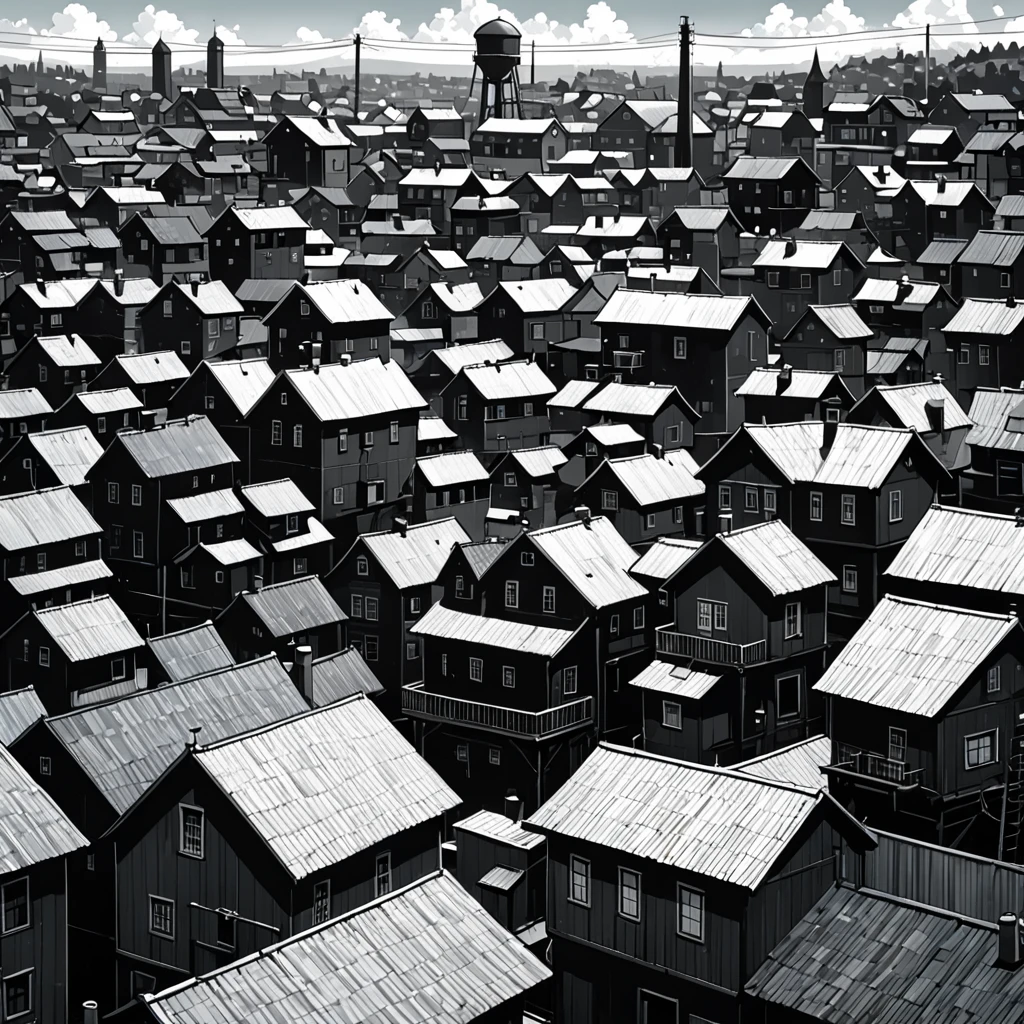 Cartoon water tower surrounded by small town houses, monochromatic colors, detailed rooftops, nostalgic feel
