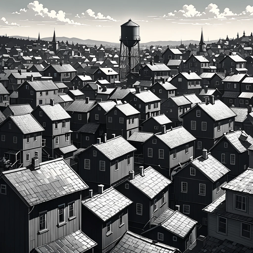 Cartoon water tower surrounded by small town houses, monochromatic colors, detailed rooftops, nostalgic feel