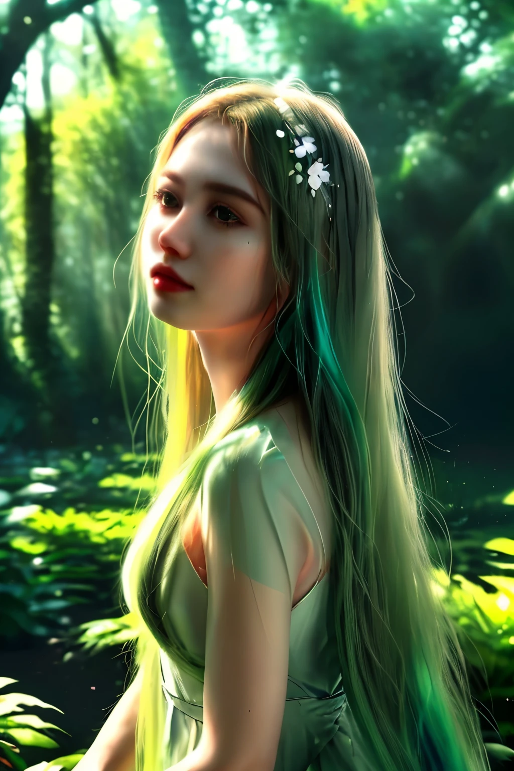 A beautiful young woman, detailed facial features, long flowing hair, elegant dress, serene expression, in a lush garden landscape, sunlight filtering through trees, vibrant colors, photorealistic, 8k, high quality, intricate details, cinematic lighting, ethereal atmosphere