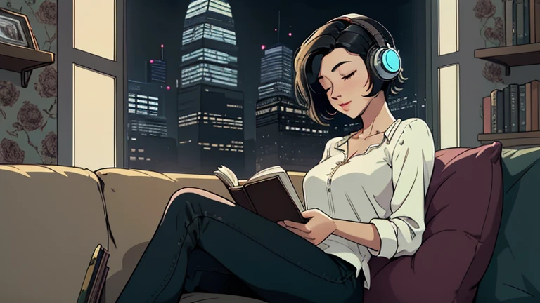 Beautiful woman in her 30s with short black hair is sitting with headphones on the sofa. Looking down, eyes closed, LOFI girl, alone in the room, blouse, cozy wallpaper, big cushion, bookshelf, relaxing mood, night core, cozy, wide glass window with skyscrapers, outside view at night, only five fingers, Holding a book in hand,