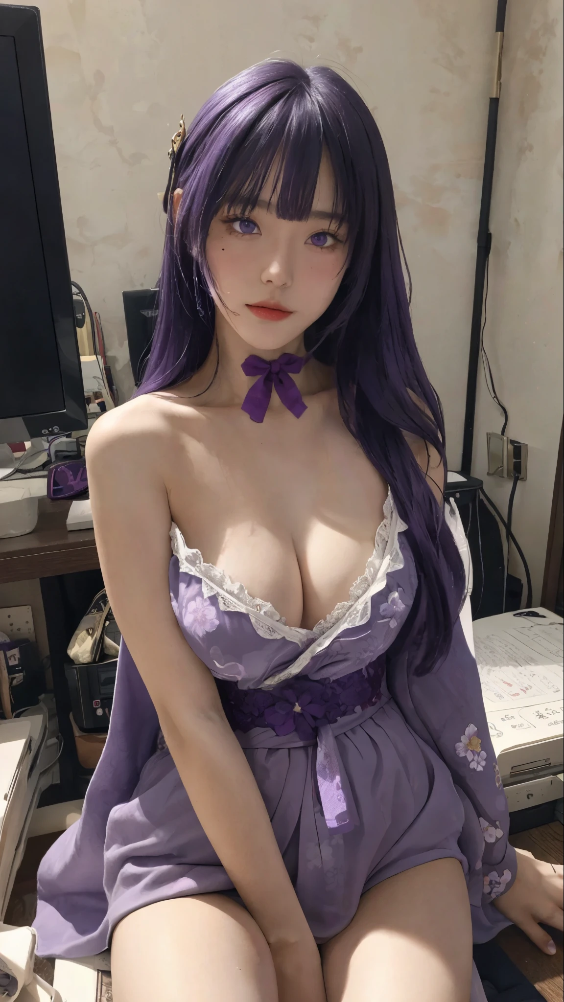 best quality,masterpiece,8k wallpaper,absurd, high resolution, Super detailed, (1 young beautiful girl, Solitary:1.1),Solitary, Thunder General, nude:1.5, Japanese clothes,  long hair, thigh, Bangs, Hair accessories, breast, Purple Hair,Scapula, crucian, armor, purple flower, Ribbon,Mole under the eye, flower,Neverland: A place to fulfill your deepest desires,Anime Texture，In a messy room，at the computer desk