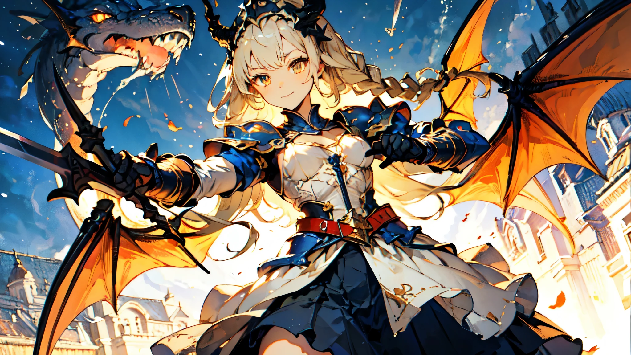 1females\(cute,kawaii,breast,hair color cosmic,braid hair,messy hair,eye color cosmic,big eyes,magical girl costume,smirk,colorful,dynamic pose,wings on back,breast,kawaii dragon knight,2dragon wings from waist,dynamic pose,(fighting stance),(holding large sword:1.3),(muscular:1.1),mad face/),background/(in the sky,shiny,palace,war fire\), BREAK ,quality\(8k,wallpaper of extremely detailed CG unit, ​masterpiece,hight resolution,top-quality,top-quality real texture skin,hyper realisitic,increase the resolution,RAW photos,best qualtiy,highly detailed,the wallpaper,cinematic lighting,ray trace,golden ratio\),(dynamic angle:1.4),[nsfw:2.0],(long shot:1.5),(wide shot),(landscape:0.5),dynamic angle,close up sword