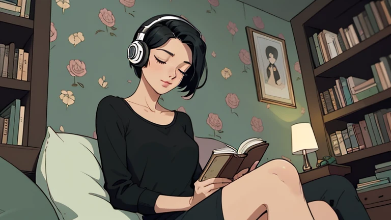 Beautiful woman in her 30s with short black hair is sitting with headphones on the sofa. Looking down, eyes closed, LOFI girl, alone in the room, blouse, cozy wallpaper, big cushion, bookshelf, relaxing mood, night core, cozy, wide glass window with skyscrapers, outside view at night, only five fingers, Holding a book in hand,
