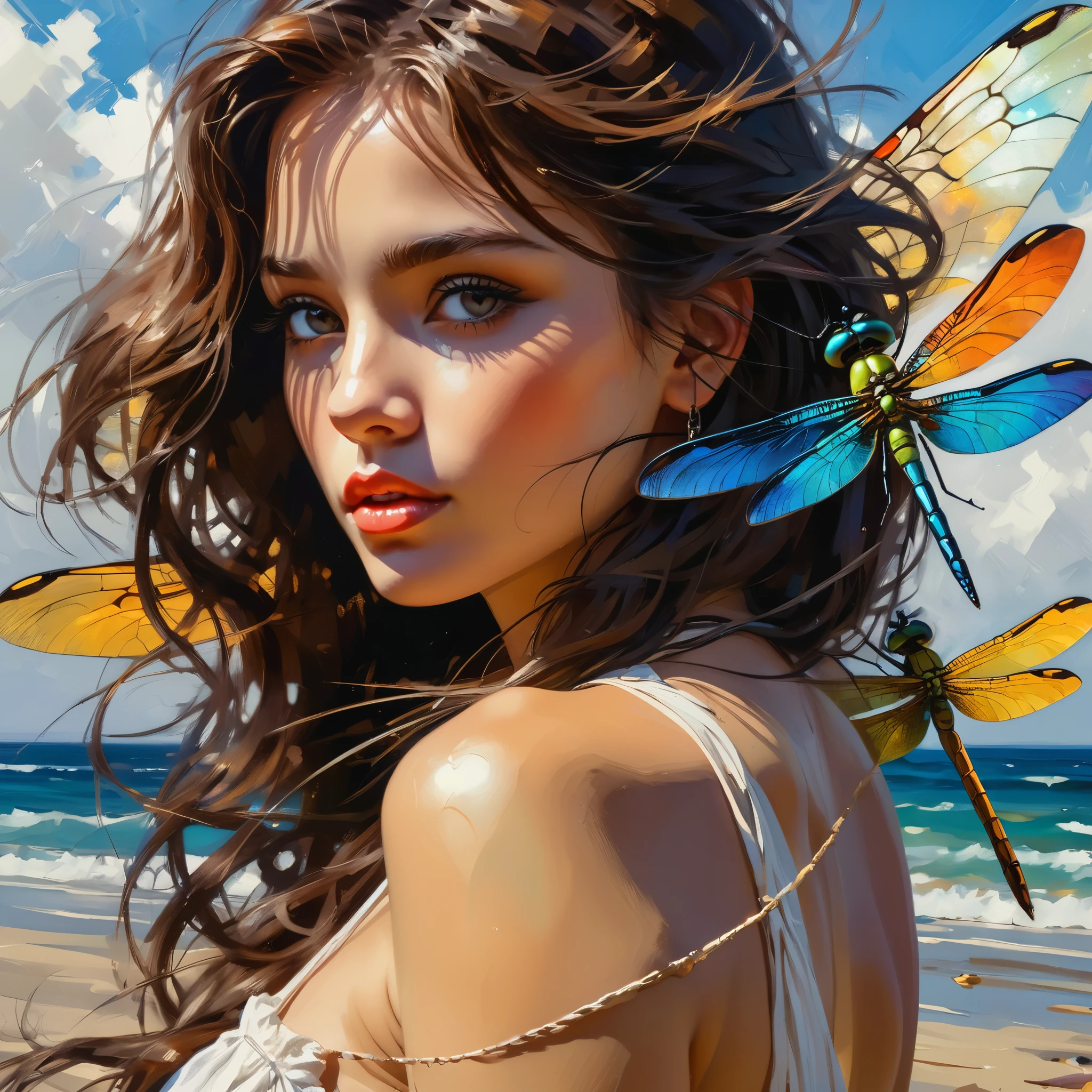 Alone beautiful girl on the beach of memories , colorful dragonfly, long messy brown hair with white strands , magnific darkness composition, stunning visually, greatefuly Craftmanship, aesthetic 8k HDR artworks, deep breath pro-style digital oilpainting, ink spirit, pro artistic style oilpainting art, hyper realist-fantasy intricate, Multilayer techs, splash style, masterwork detail, meticulously craftmanship, infinity aesthetic 8k stylized insanely detail randomly illustration art,By Frank frezetta, intricated Enchanting art style Michael Garmash, Ivan shiskin, on the linen