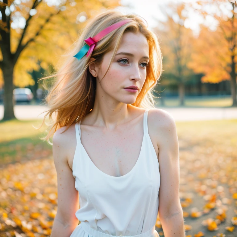 (8k, best quality, masterpiece:1.2),(best quality:1.0), (ultra highres:1.0), pencil colors, Gillian Anderson, shoulder, hair ribbons, by agnes cecile, full body photography, extremely luminous bright design, pastel colors, (ink:1.3), autumn lights,