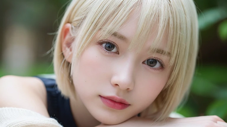 (Bob Cut Hair, Platinum Blonde Hair:1.2),(Wear a knitted sweater:1.2),1 girl,Japanese,21 years old,(Small breasts:1.3),(highest quality,masterpiece:1.3,超A high resolution,),(Ultra-detailed,Caustics),(Photorealistic:1.4,RAW shooting,)Ultra-Realistic Capture,Very detailed,High resolution 16K human skin close-up。 Natural skin texture、,Pores、、It needs to be detailed enough to be easily identifiable。 Skin should be even-toned and healthy looking。 Use natural light and colour, Sad expression, Looking at the camera, Perfect dynamic composition, Outdoor